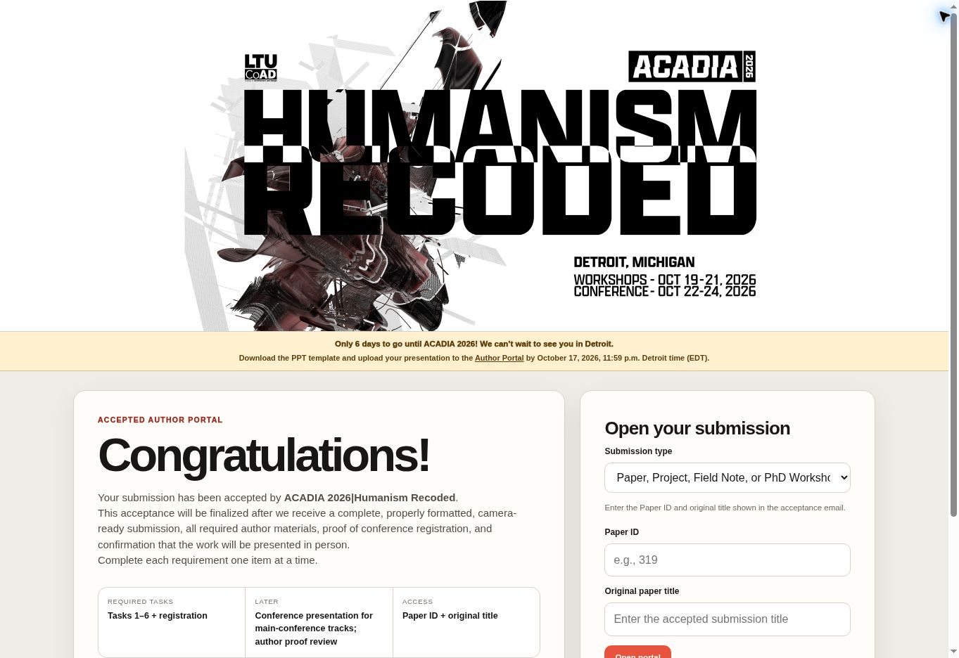 Screenshot of the ACADIA 2026 Author Portal showing the Humanism Recoded banner, author requirements, and submission access form