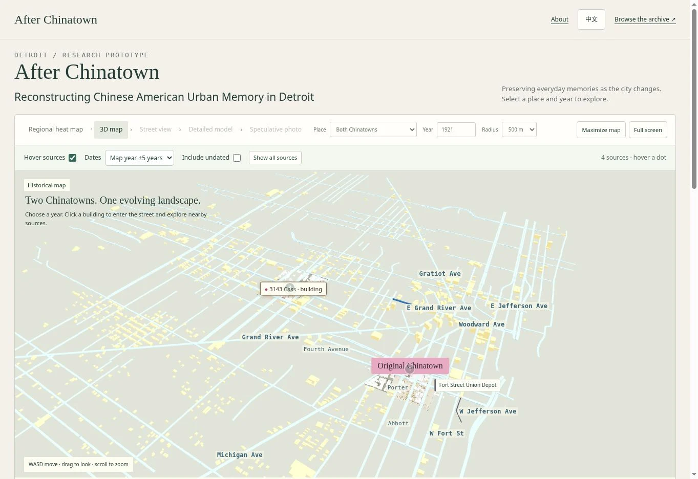 After Chinatown prototype showing the historical map of Detroit and the original Chinatown area