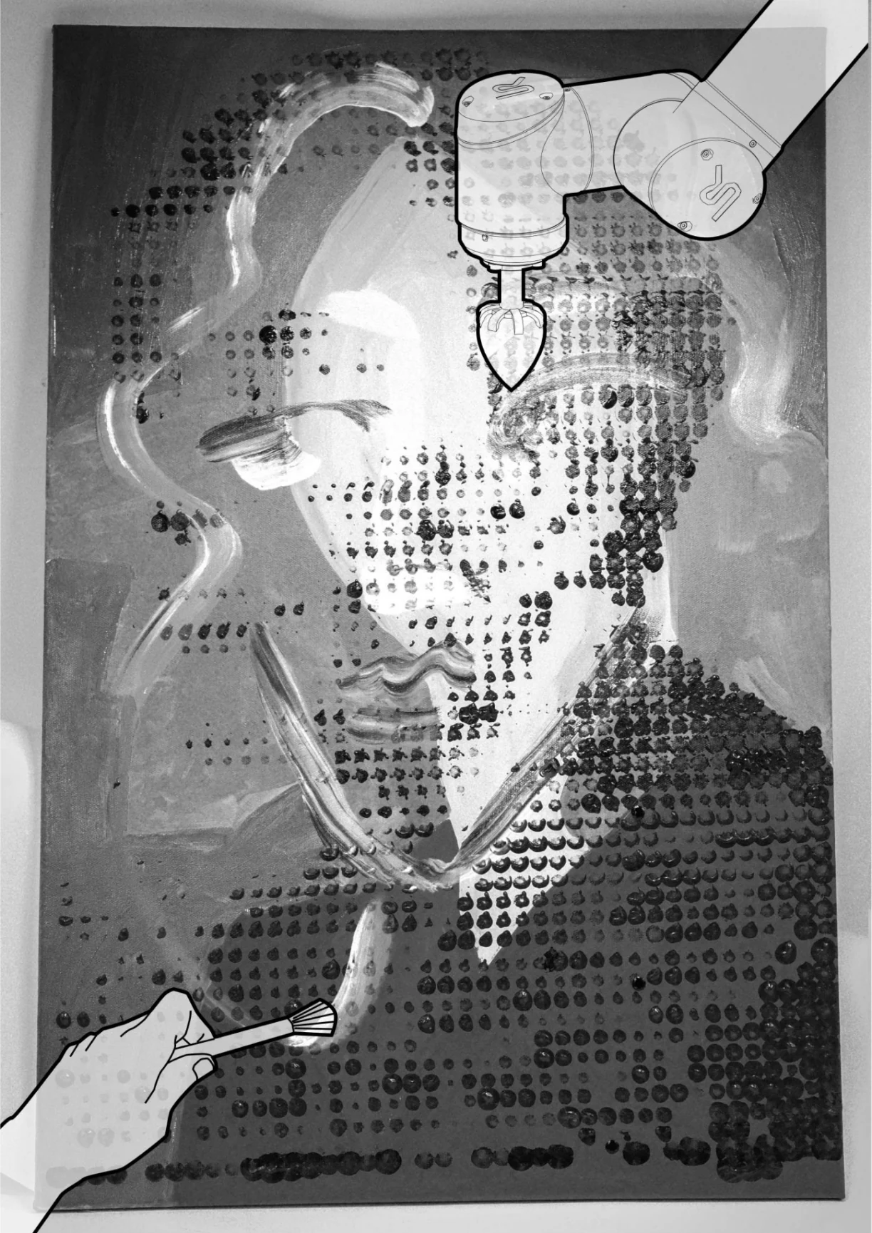 Inverse Portrait combines robot-painted dots with manual brushwork in a layered portrait