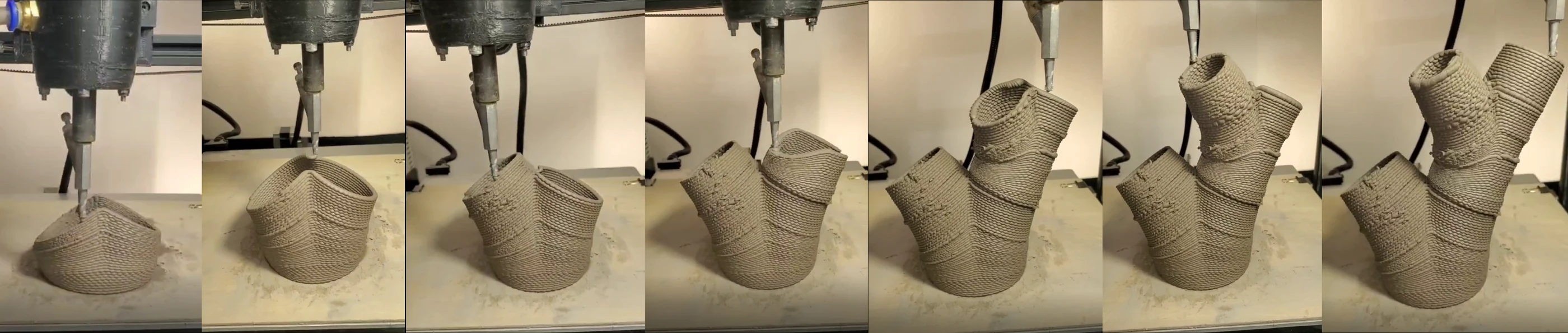 Seven successive stages of the multi-branched clay structure being printed