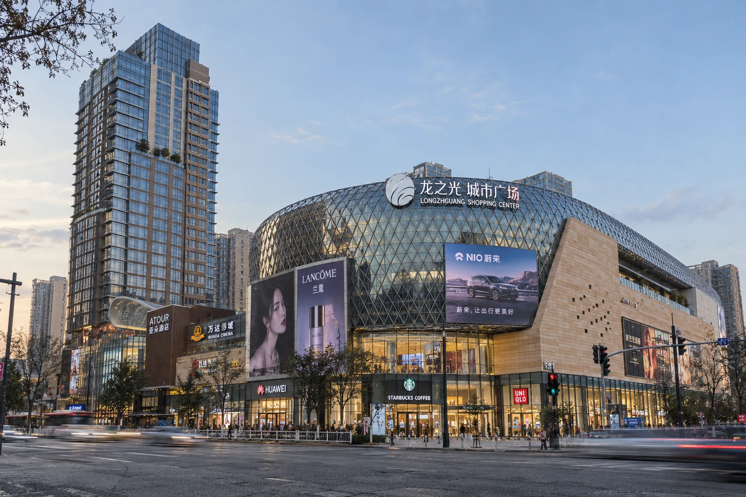 Completed Dragon Light International Shopping Mall with the curved triangulated retail podium facing the city