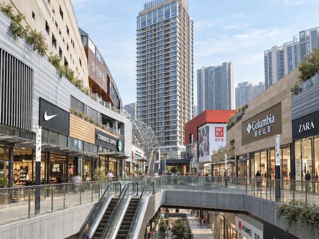 Completed open-air retail street with bridges, escalators, storefronts, and the service-apartment tower beyond