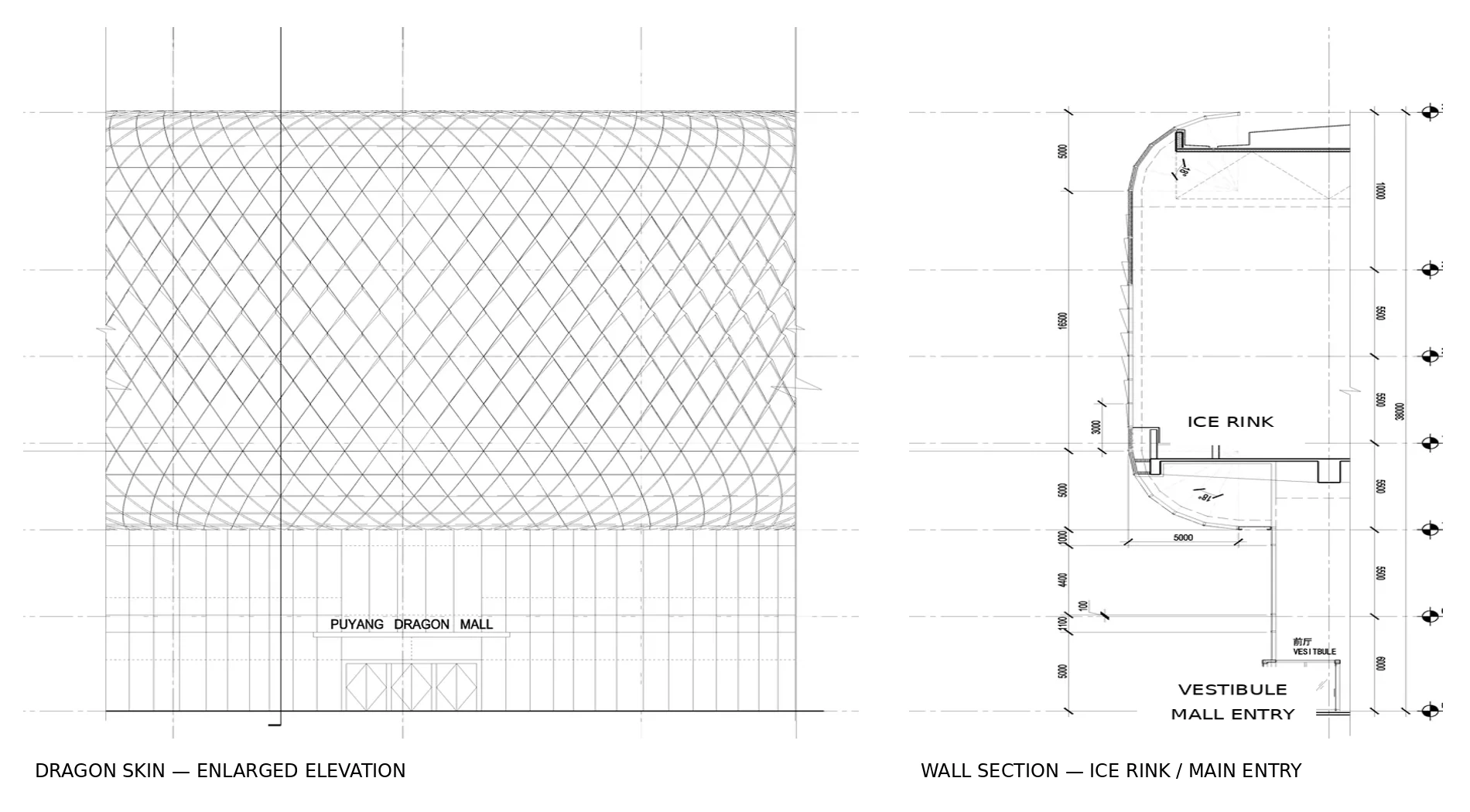 English-only design-development plate showing the Dragon Skin enlarged elevation and wall section at the ice rink and main entrance