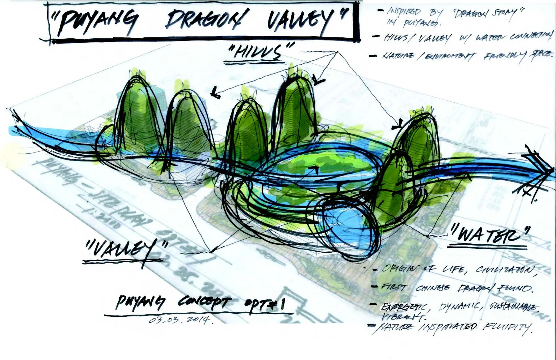 Early Dragon Valley concept sketch showing hills, water, valleys, and flowing site geometry