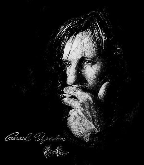 Gérard Depardieu, Technical pen sketch, 8.5 × 11 in, 2007, by Teng Teng