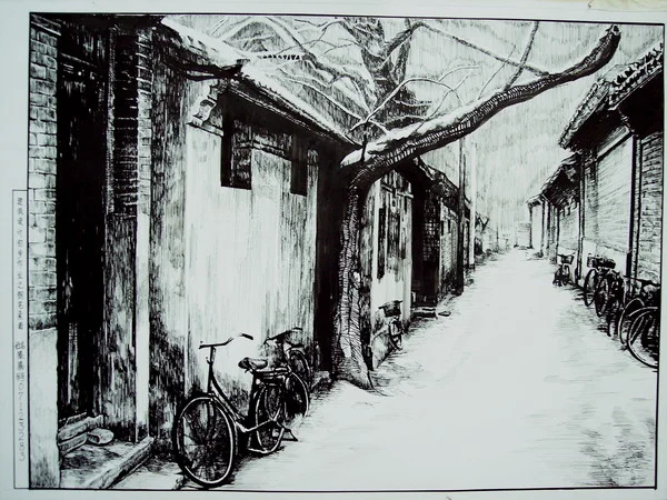 Alley in the Snow, Pen sketch, 11 × 17 in, 2007, by Teng Teng