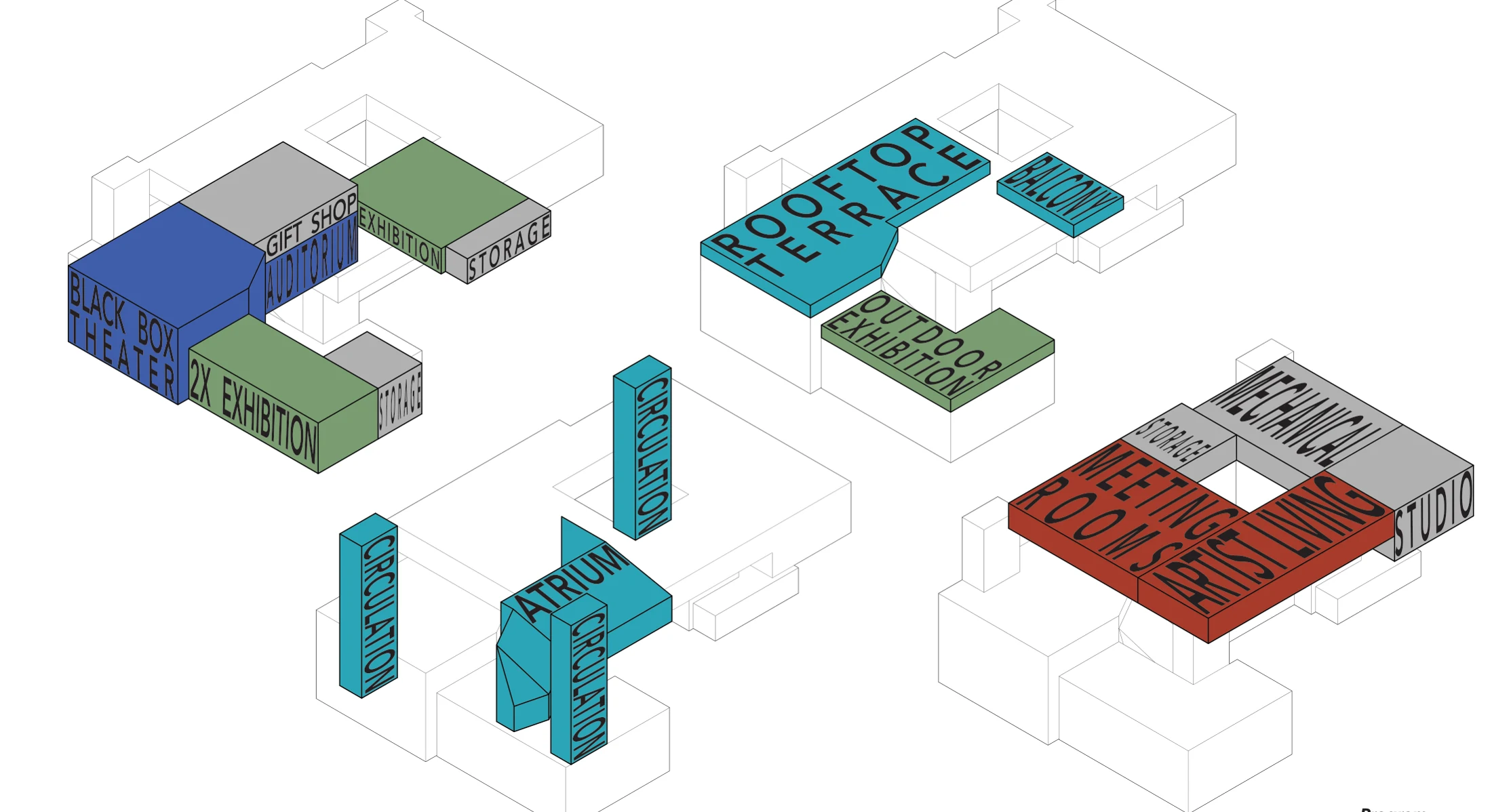 Dylan Simmons — axonometric distribution of program around the shared ground and canopy