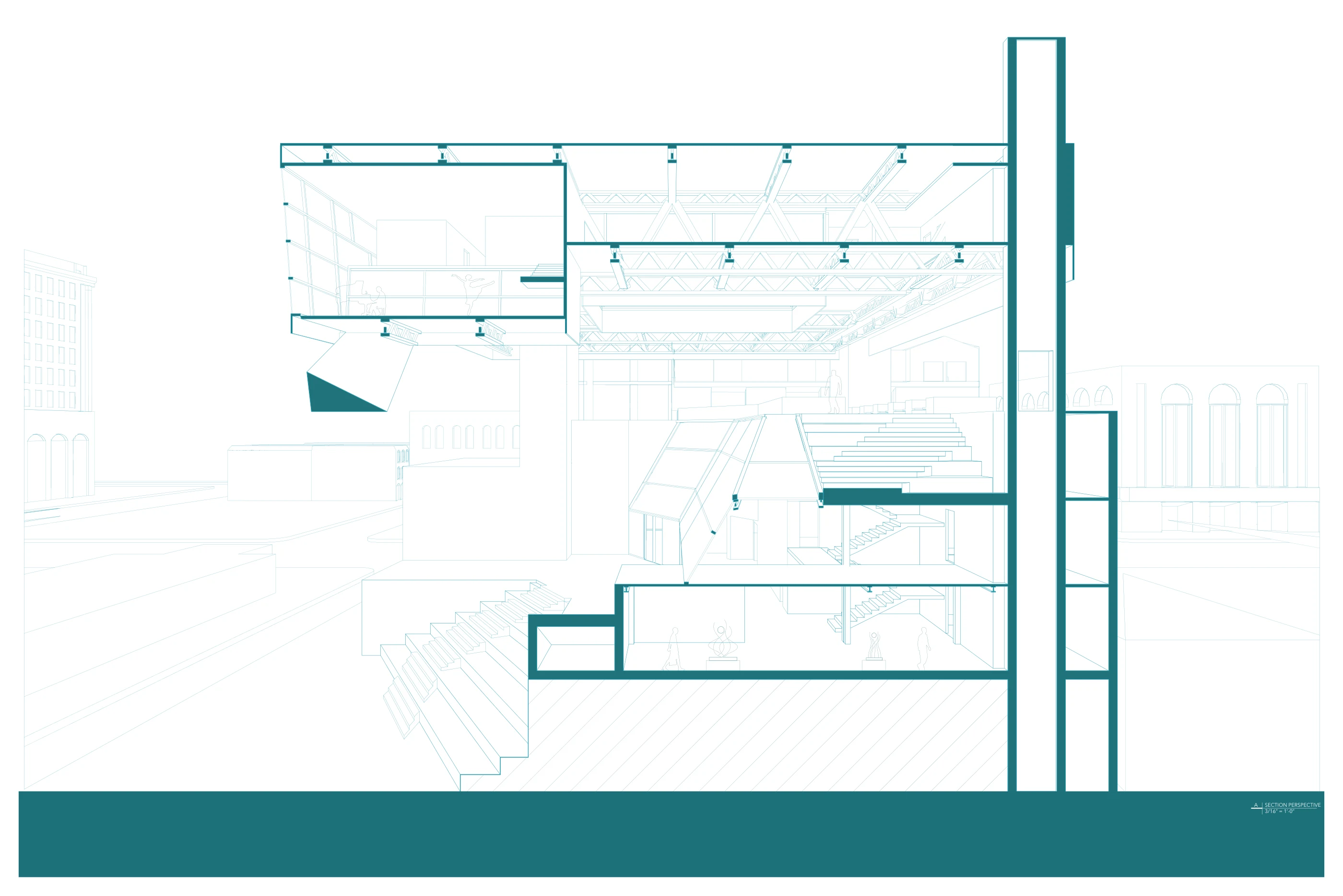 Dylan Simmons — Canopy Commons: sectional perspective connecting the public stair, shared interior, and elevated canopy