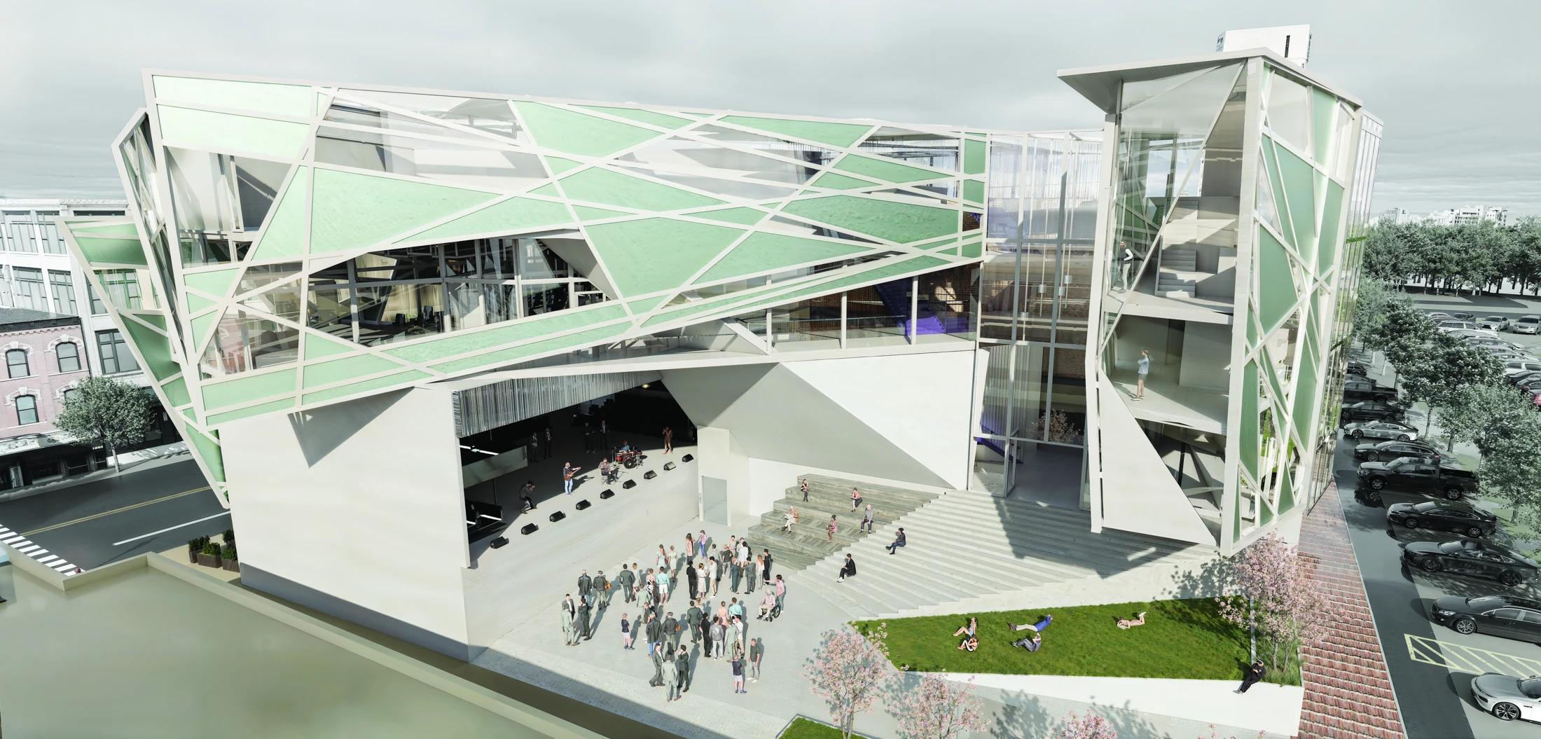 Juan Pineros — West Path Arts Center: architectural visualization of the public forecourt, overhead connections, and retained street building