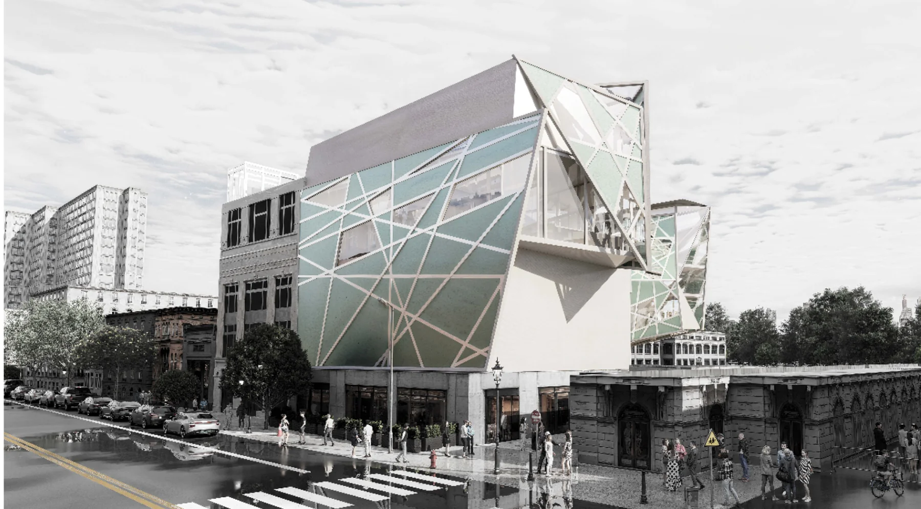 Juan Pineros — exterior visualization of West Path Arts Center beside the retained facade