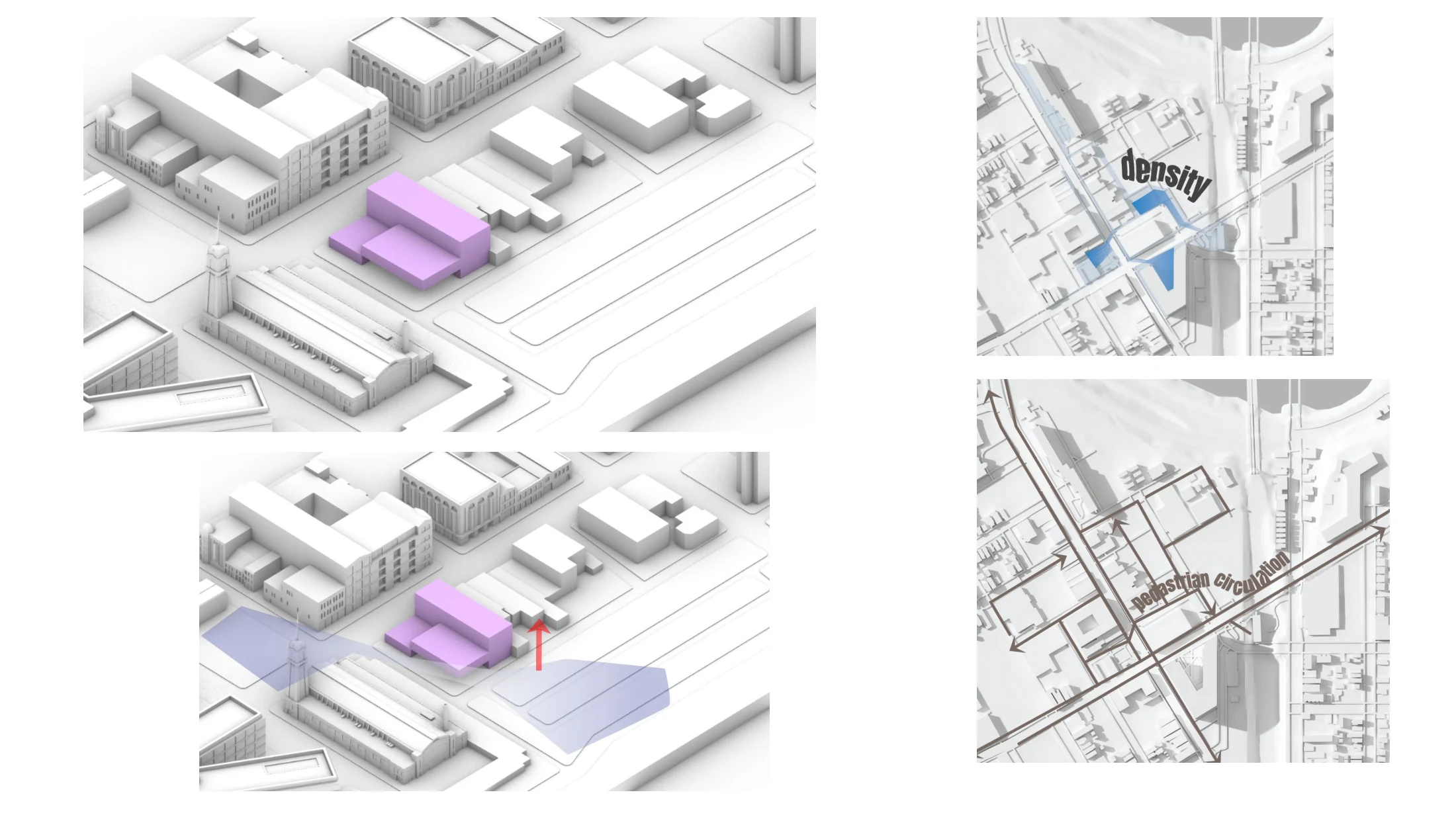Juan Pineros — form development paired with urban density and pedestrian movement studies