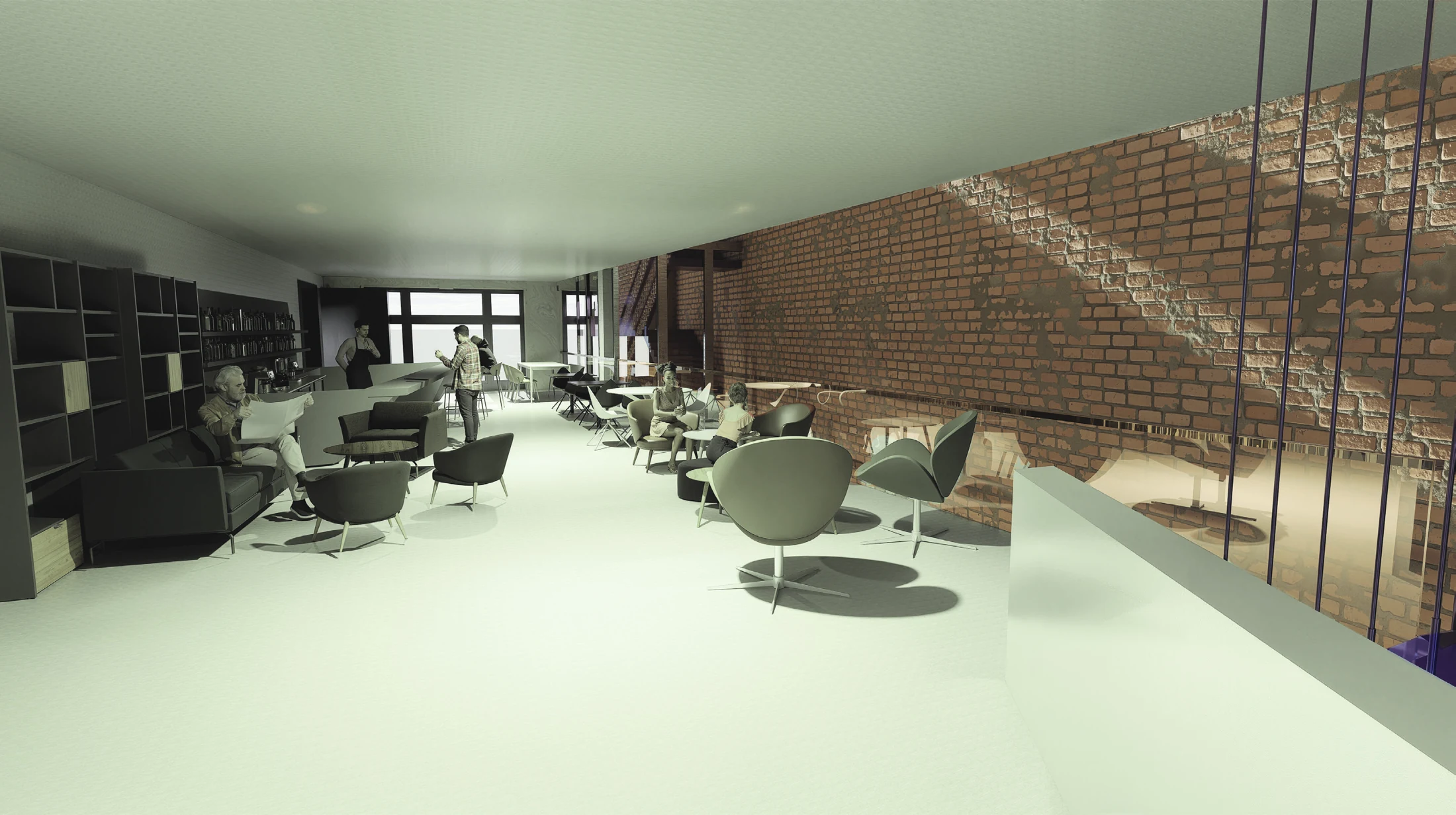 Juan Pineros — rendering of an occupied shared lounge beside retained masonry