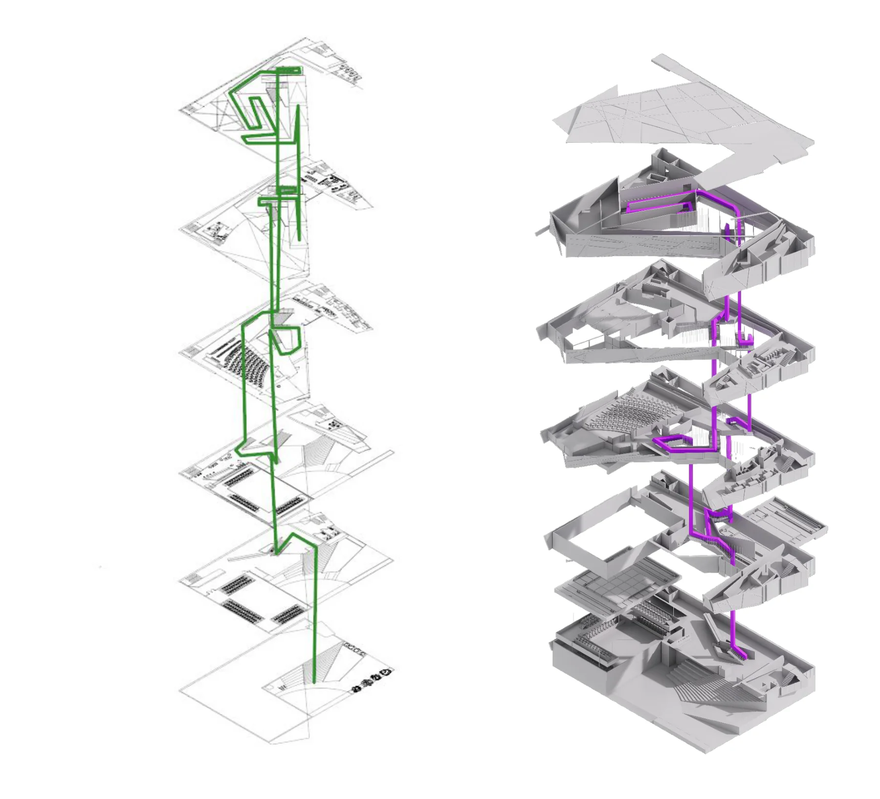 Juan Pineros — exploded circulation diagram linking building levels