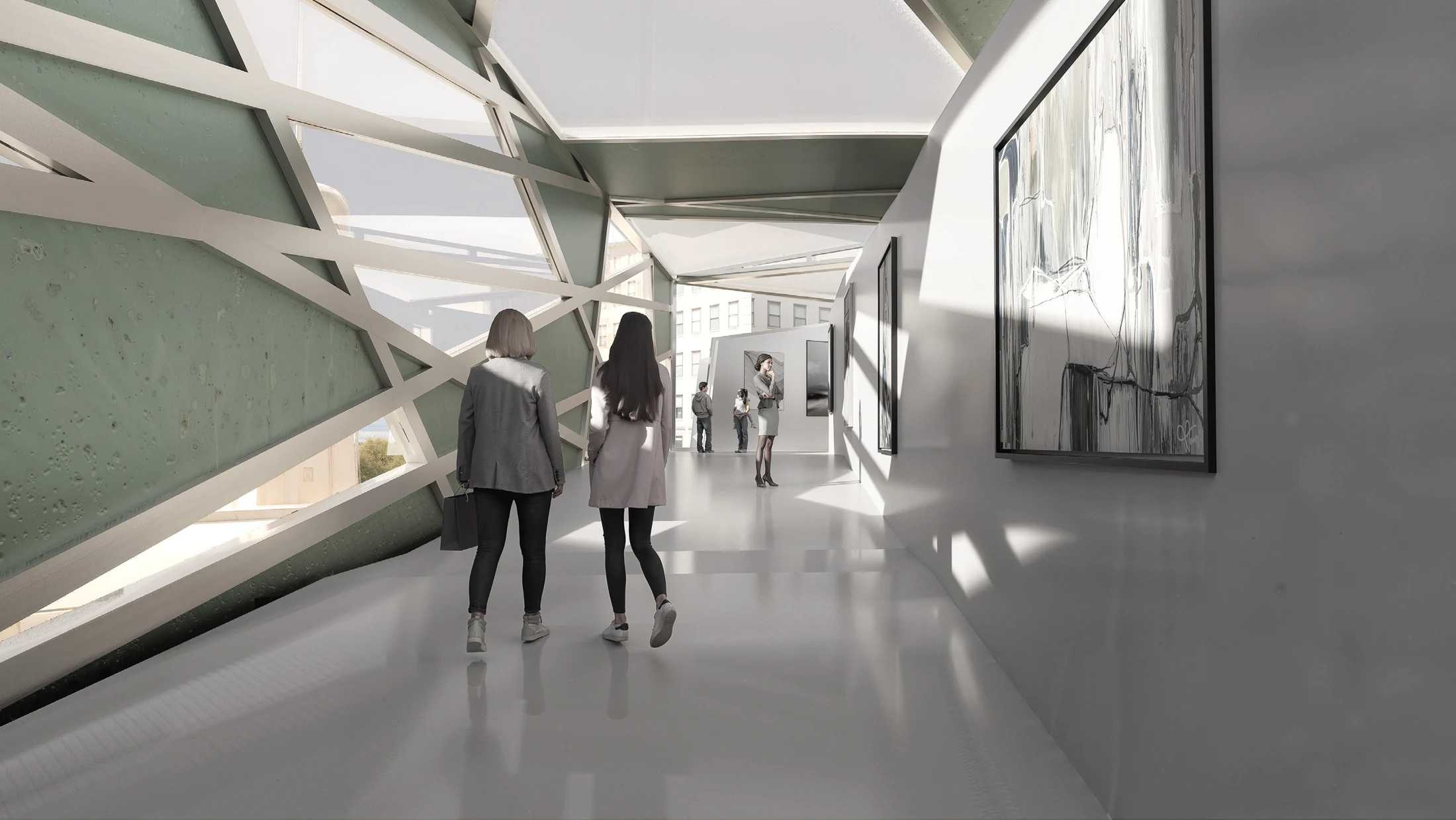 Juan Pineros — interior rendering of a public route along glazing
