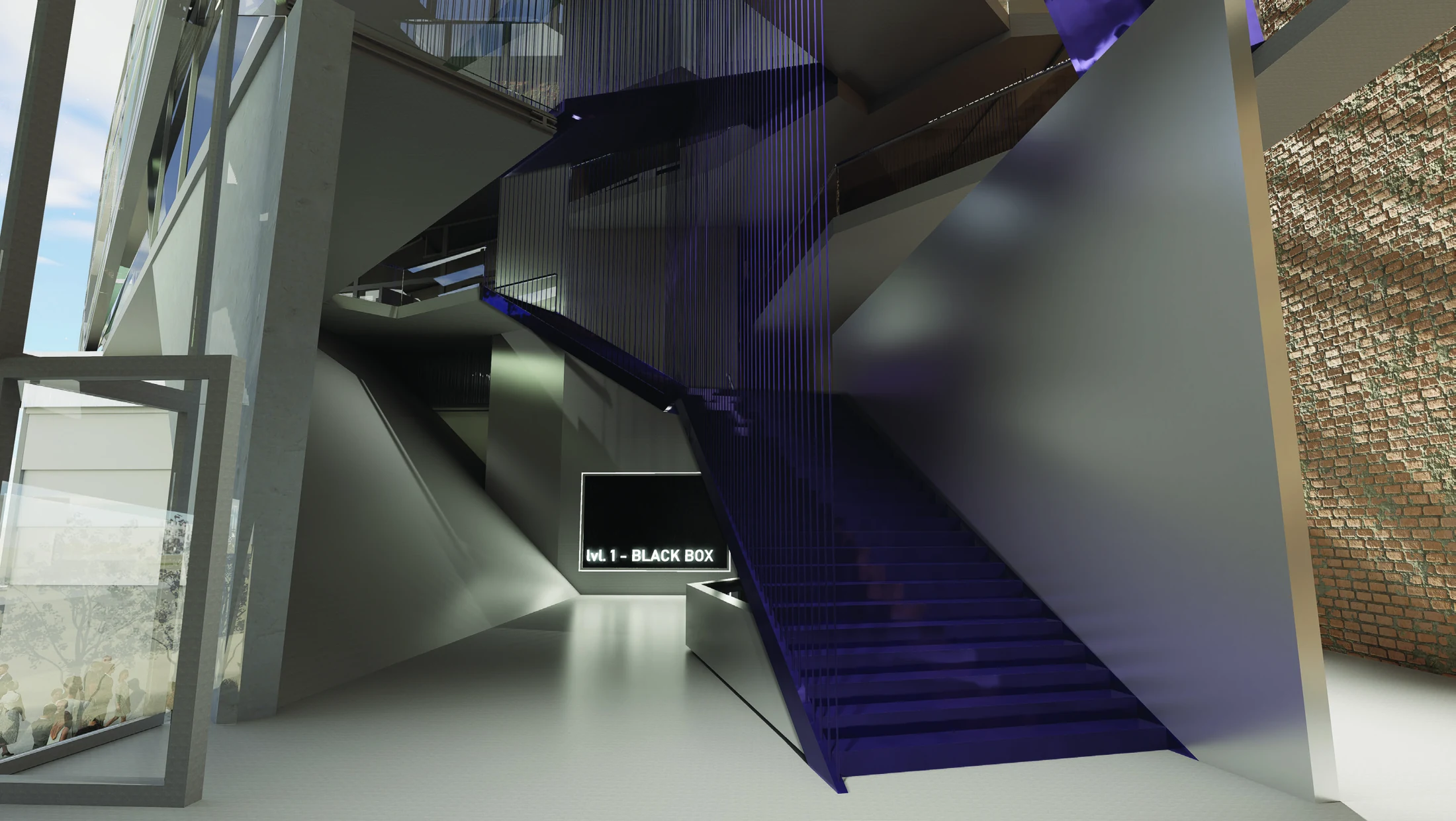 Juan Pineros — interior rendering of the stair beside retained material surfaces