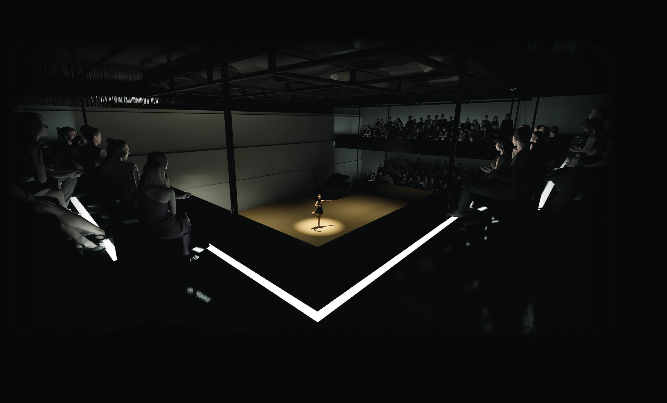 Juan Pineros — performance-space rendering with audience seating around the stage