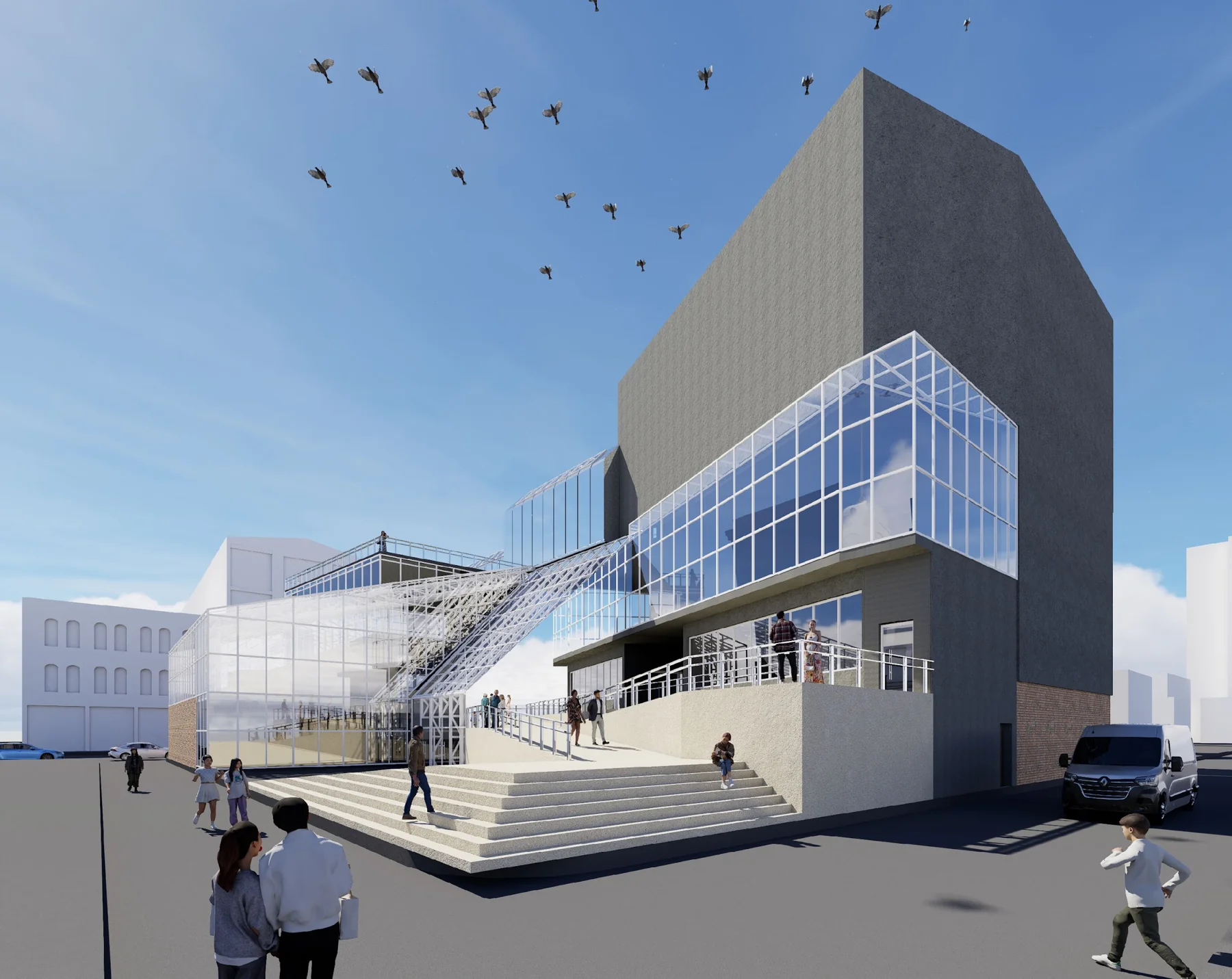 Asadour Salatyan — exterior rendering of the entrance ramps and glazed public frontage