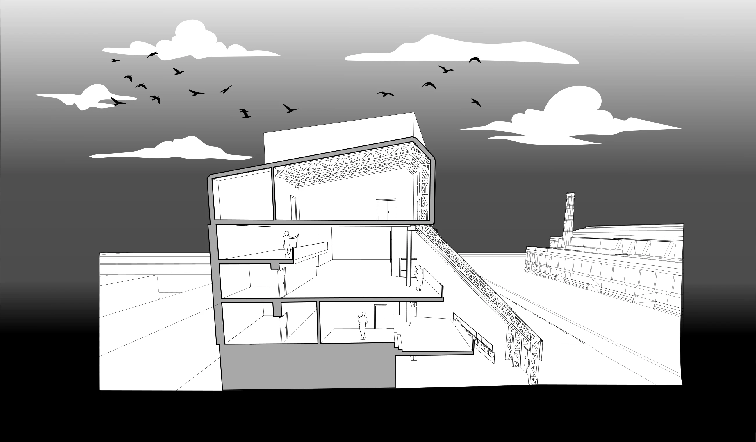 Asadour Salatyan — sectional perspective through the ramp and upper volume