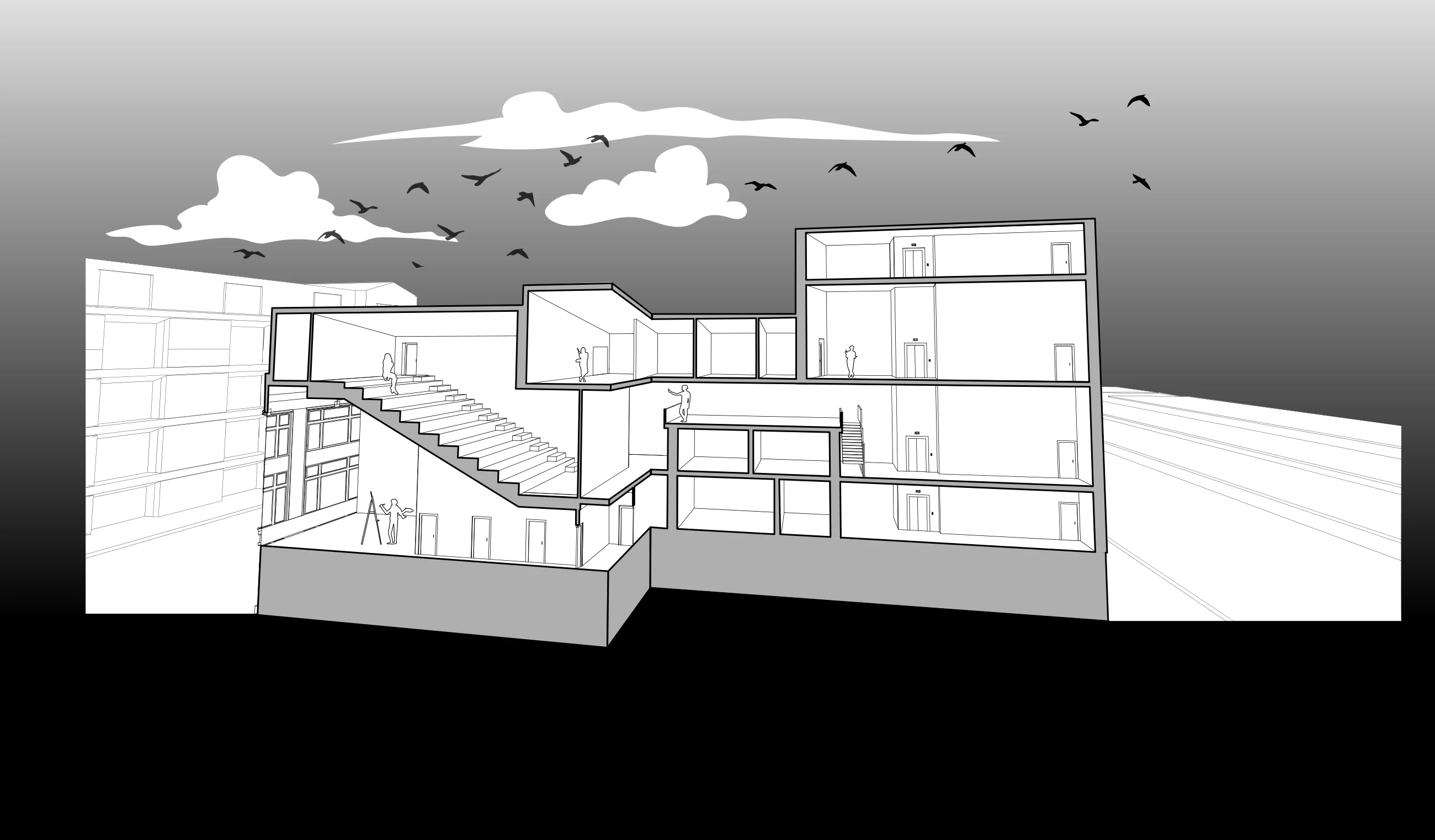 Asadour Salatyan — sectional perspective through the public stair and stacked rooms