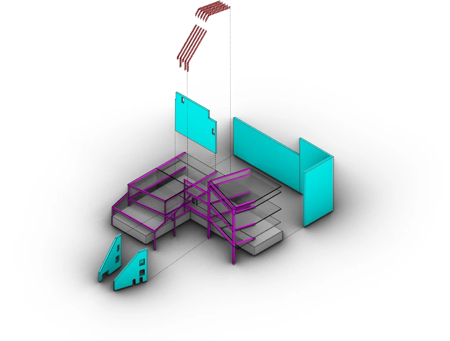 Asadour Salatyan — exploded structural diagram of walls, metal trusses, and beams