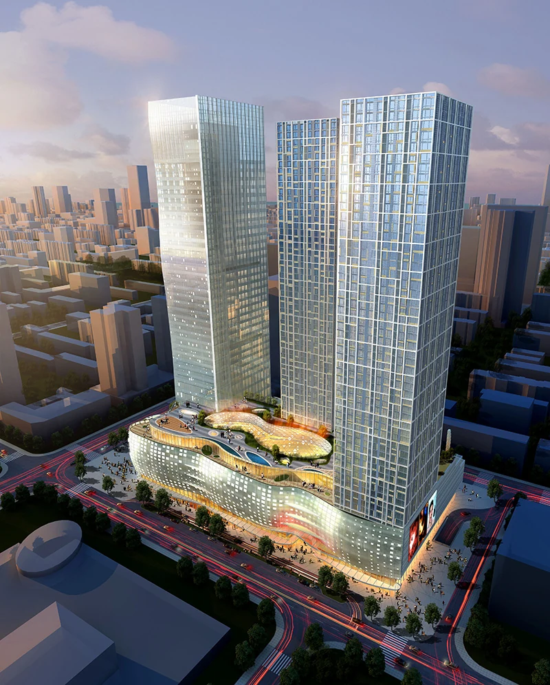 Aerial design rendering showing the three towers, podium roof, and atrium openings
