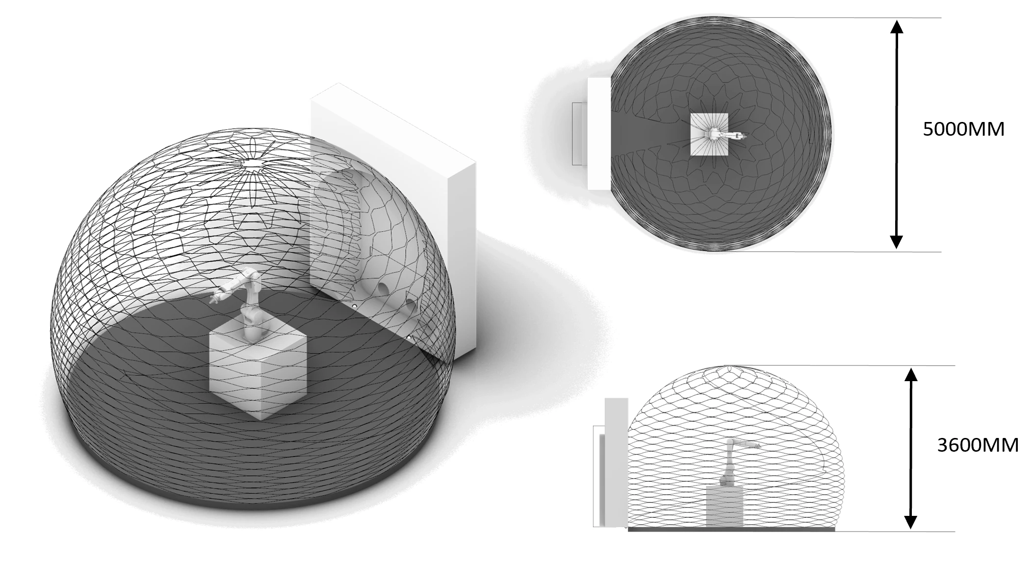 Isometric, plan, and sectional views of the five-metre membrane showing robot placement and limited reach