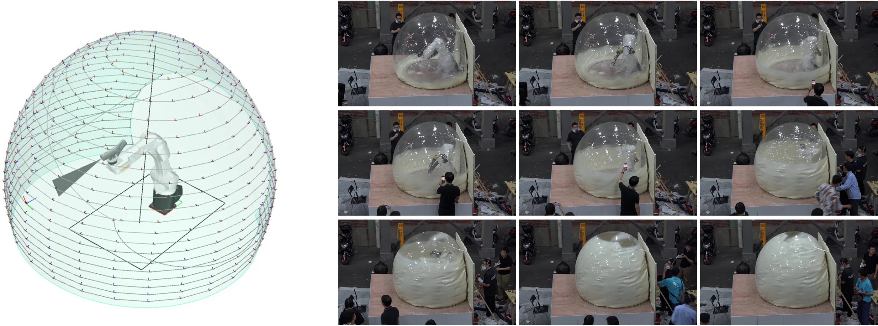 Spherical spray toolpaths and sequential photographs of bottom-up robotic polyurethane deposition