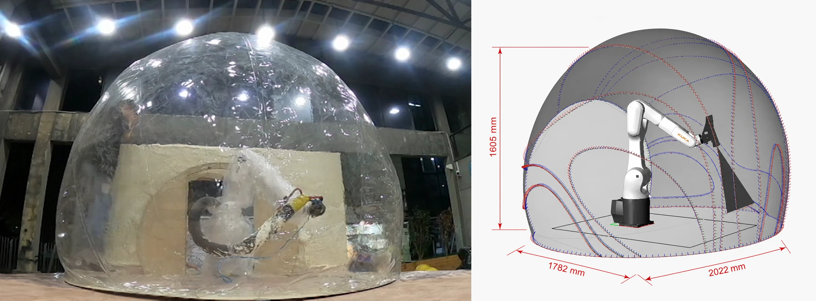 Two-metre PVC membrane prototype beside its digital reach-calibration model with dimensions