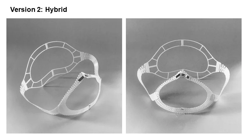 Two views of the hybrid printed frame with an open upper structure and flexible lower perimeter