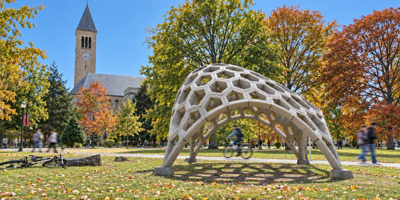 Scutoid shell architectural visualization on the Cornell campus in autumn