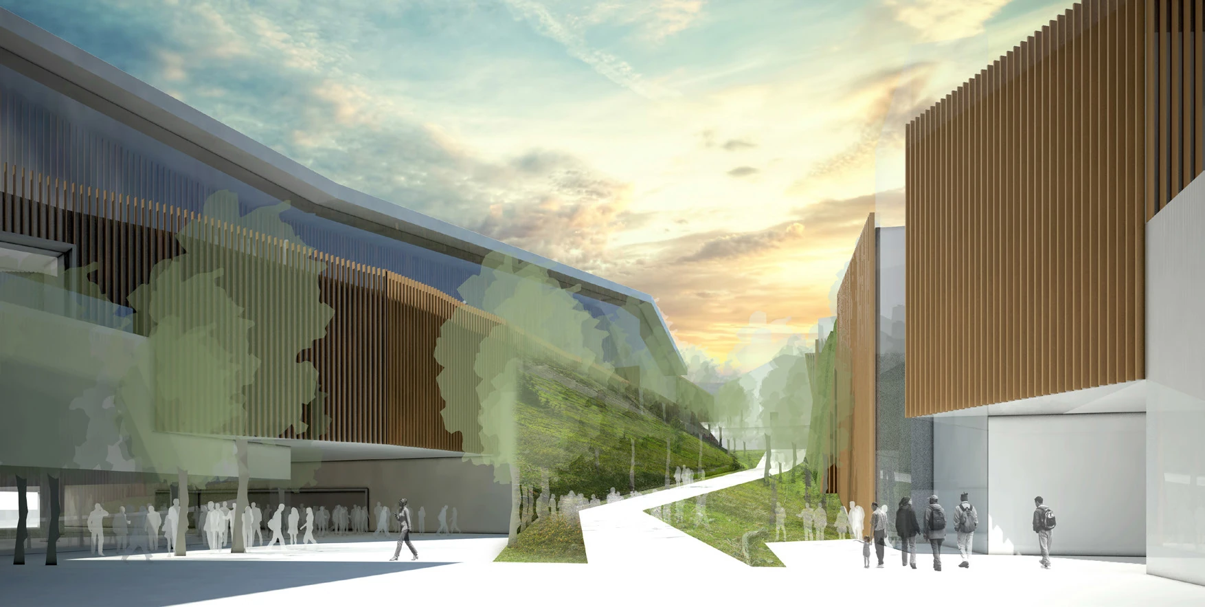 Competition rendering of Shanghai Museum Phase II with a planted public route between exhibition volumes