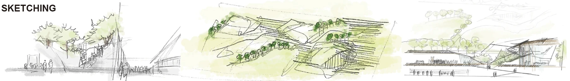 Early sketches of planted ramps, courts, and the museum landscape