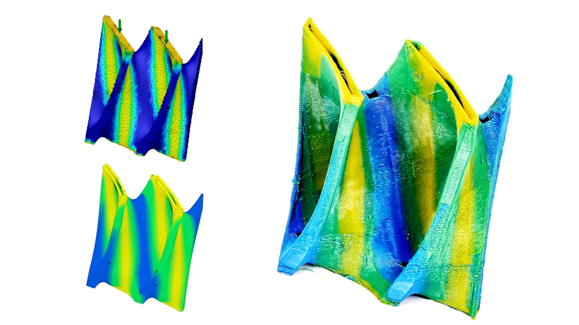 TPMS stress visualization and a blue-green-yellow PLA print reproducing the simulated stress distribution
