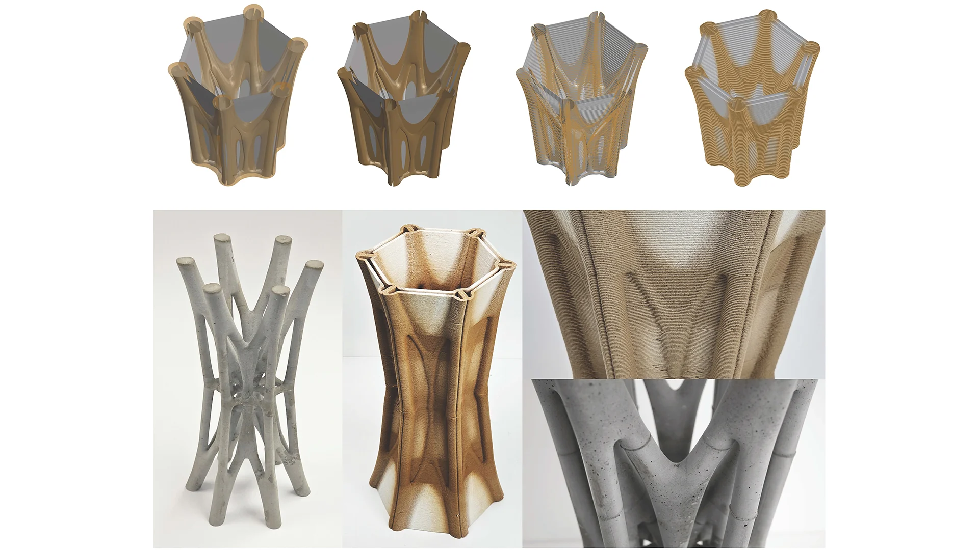 Funicular column geometry, divided surface, material toolpaths, and photographs of concrete and multimaterial prototypes