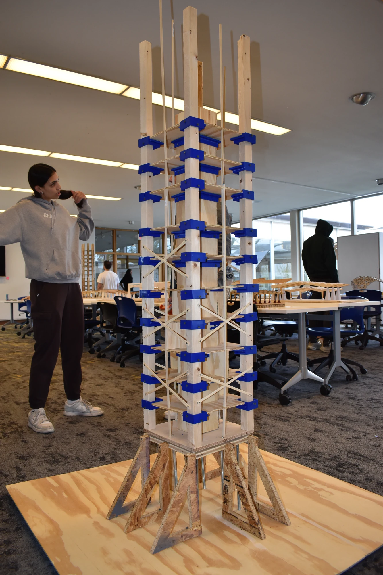 Rilie Bleau, Gabby Mack, Jalyse Martin, Ariah Mason, and Maya Schmidt — complete tower with printed blue connections and a splayed base