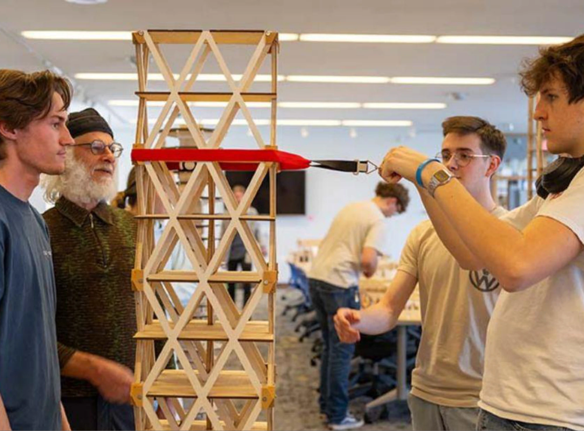 William Gardner, Alexios Karabetsos, Tadhg McDonald, Dylan Ries, and Jordan Torkelson — lateral loading test of the diagrid tower