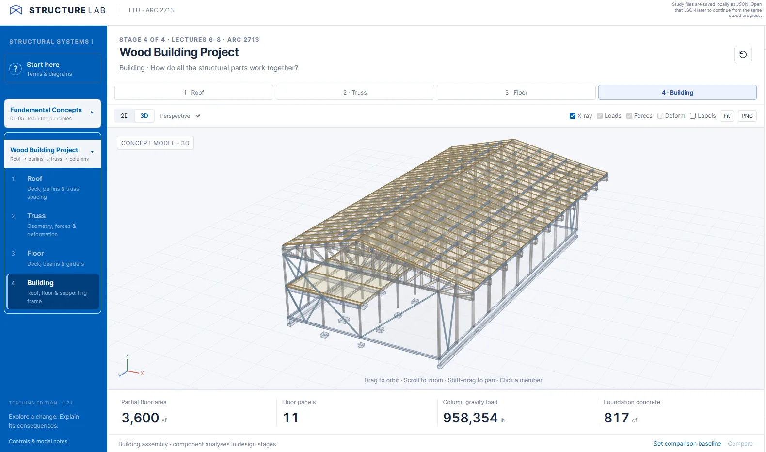 Structure Lab showing the Wood Building Project as a coordinated 3D structural system