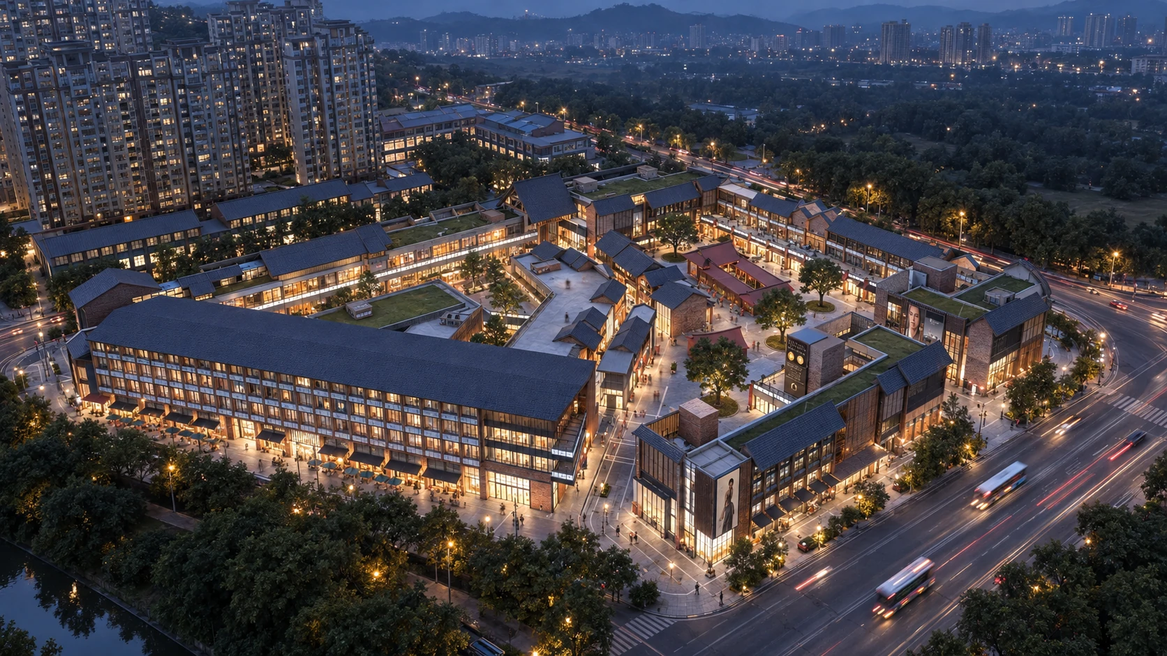 Aerial photograph of the completed Tang Courtyard Promenade and surrounding urban context