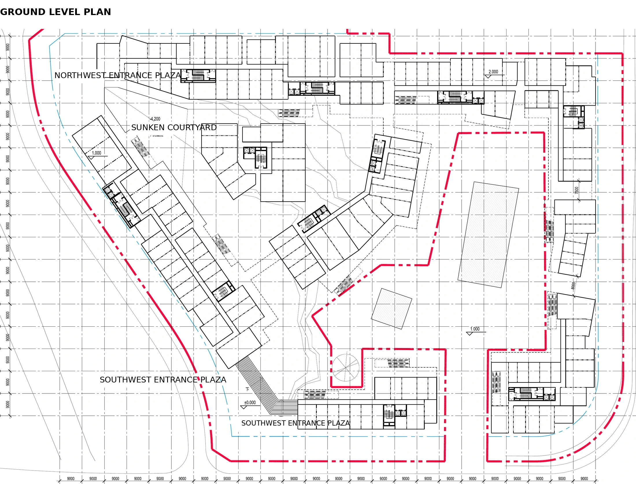 Ground level technical plan showing the retail blocks, internal pedestrian network, entrance plazas, courtyards, and site boundary