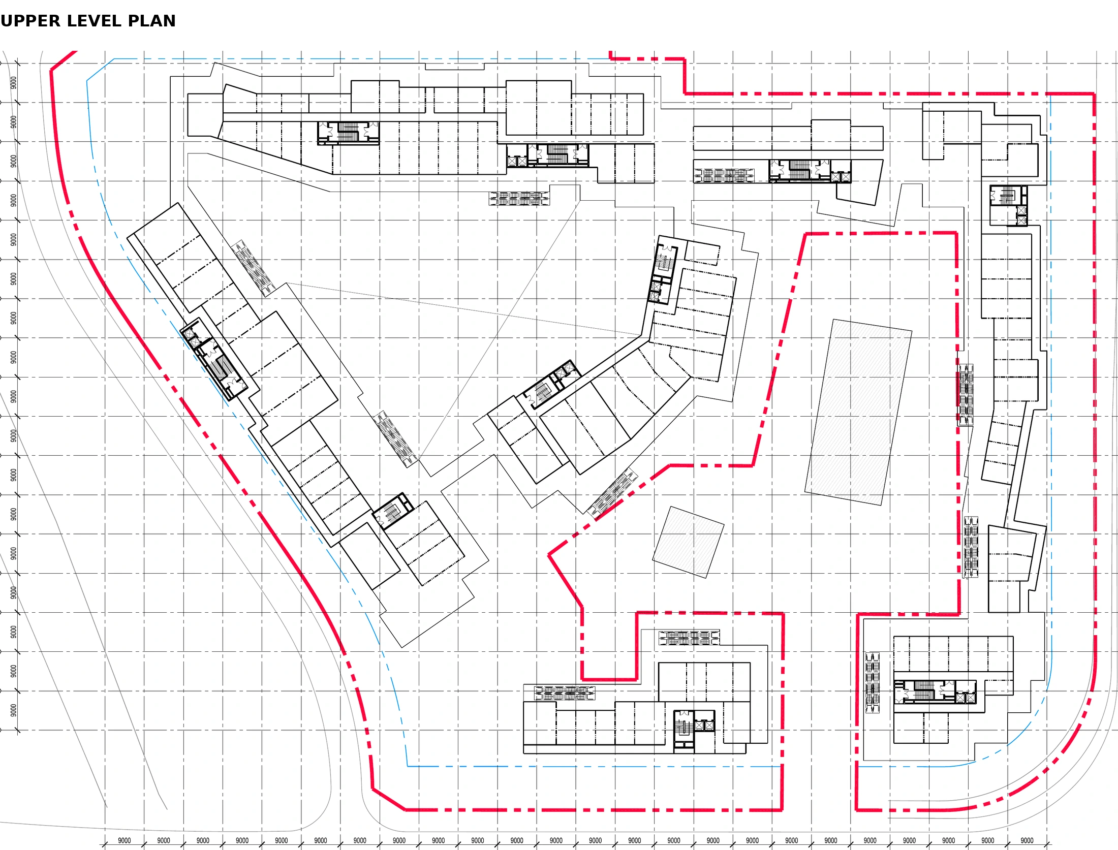 Upper level technical plan showing the continuation of retail circulation around the internal courtyards and pedestrian network