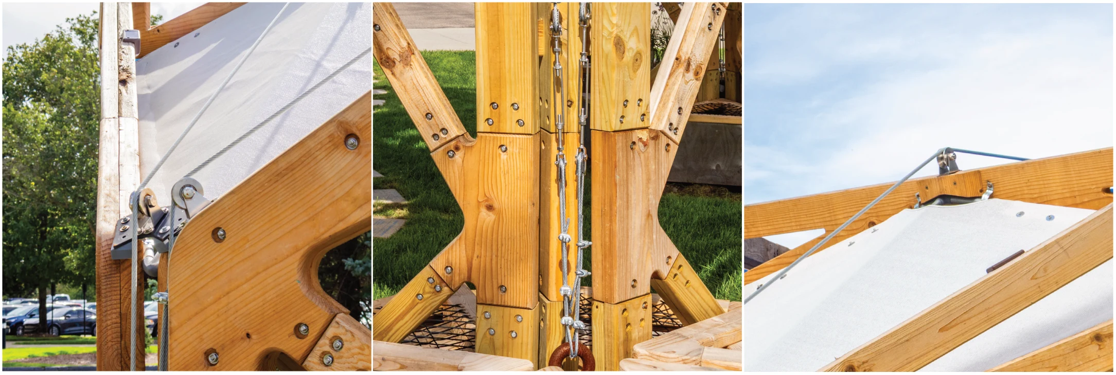 Built cable attachments and timber joints at the arch bases and cantilevered members.