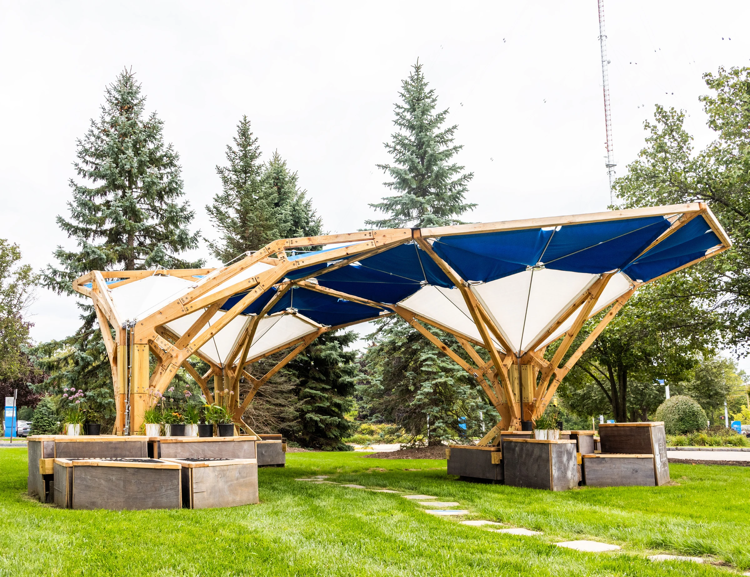 Completed TRI-ARC pavilion with branching timber arches, blue and white textile panels, and triangular seating on the campus lawn