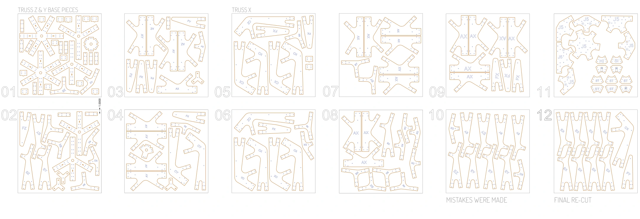 Numbered fabrication drawings coordinate repeated components and revised cutting operations.