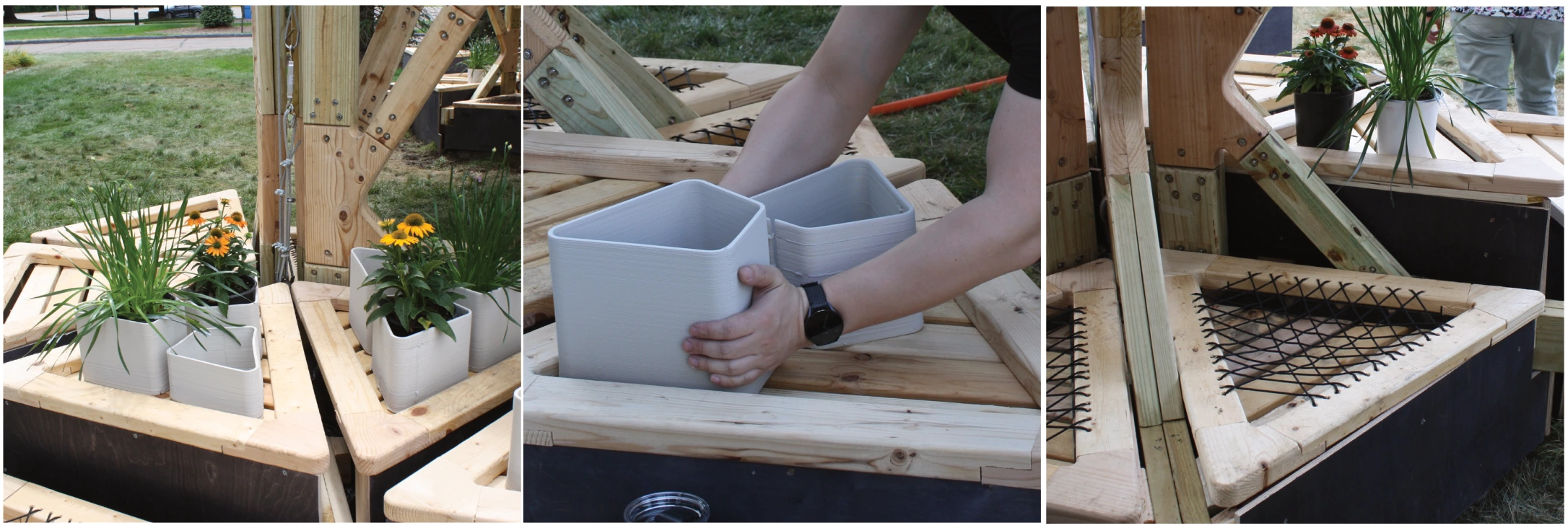 Planters, tables, and woven seating bring occupation and planting beneath the canopy.