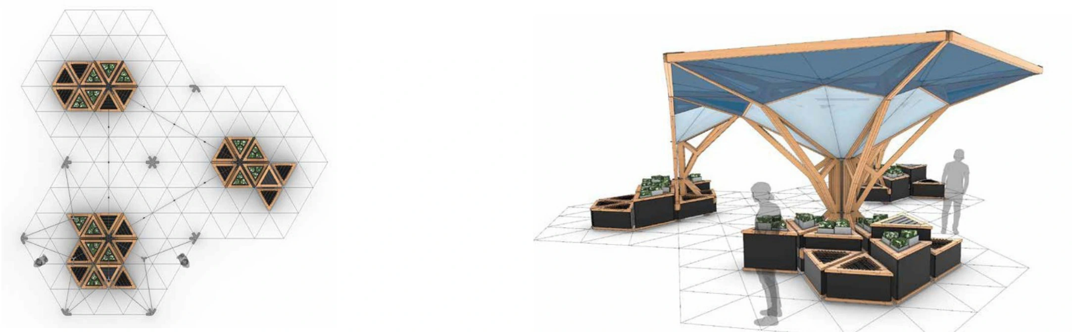 Triangular furniture modules coordinate the occupied ground with the canopy above.
