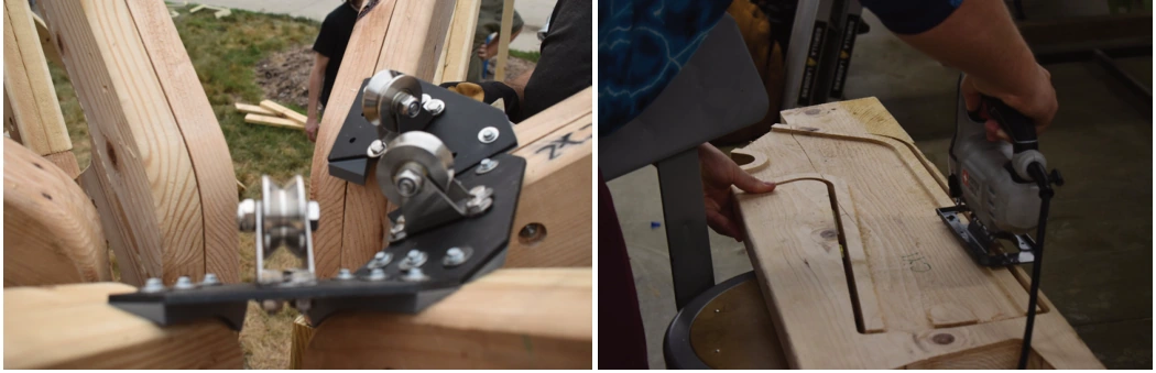 Connection details integrate cables, timber members, and secondary attachments.
