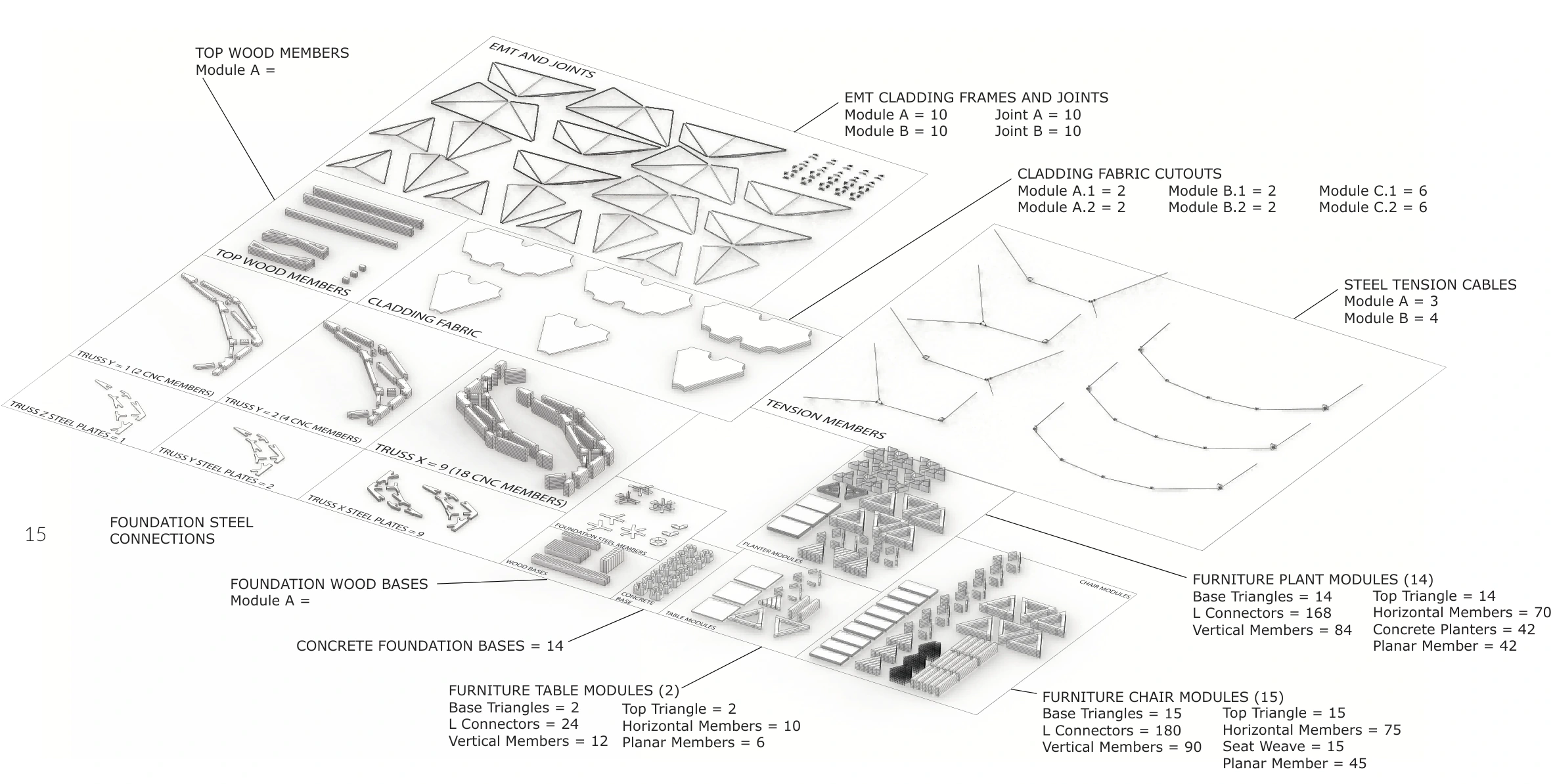 The complete kit of parts coordinates timber, steel, cables, textile frames, furniture, and foundations.