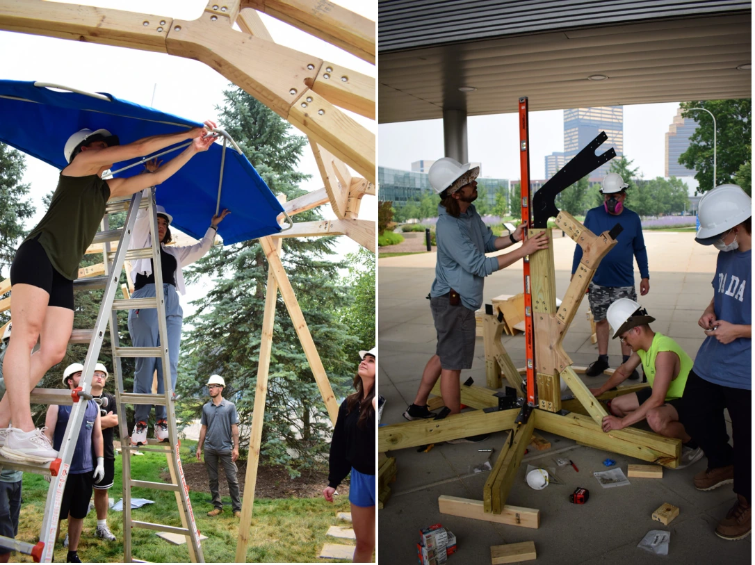 Students coordinate textile installation and timber assembly during Build Week.