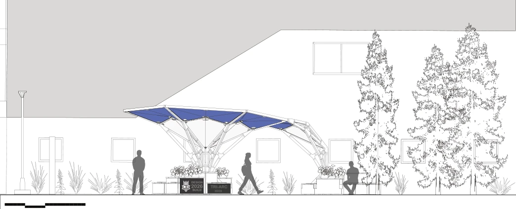 Schematic elevation of the pavilion in relation to the adjacent building and trees