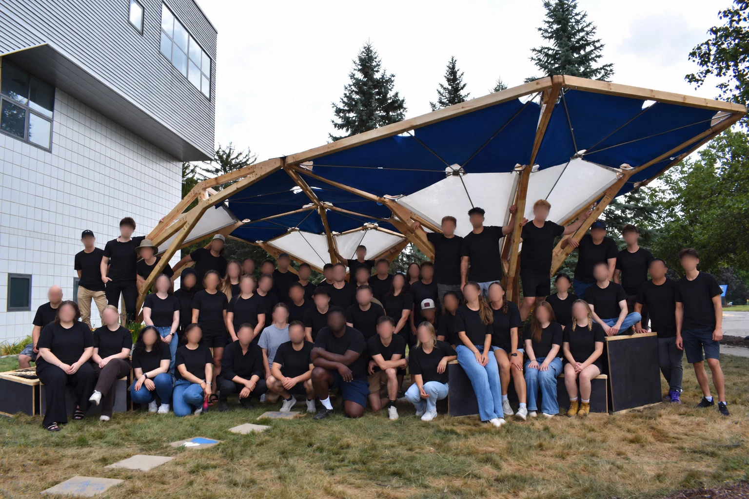 The LTU M.Arch Design-Build Studio at the completed pavilion, July 2026.